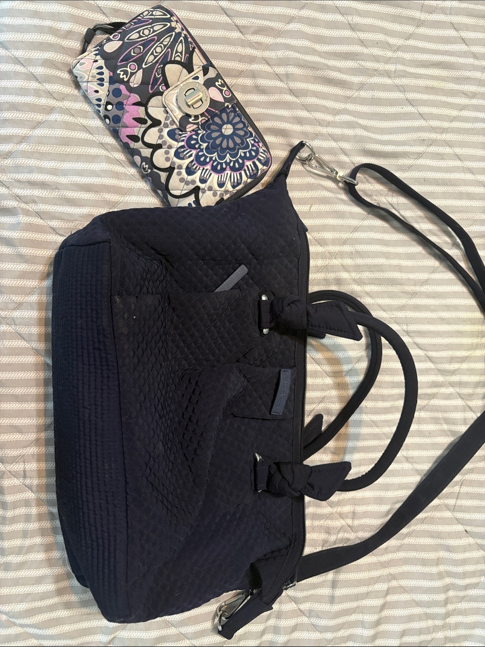 Vera Bradley Quilted Navy Convertible Shoulder Bag with Strap and matching walle